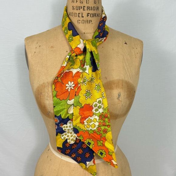 Fun Retro Yellow Scarf With Bright Flowers 50" - Picture 1 of 7
